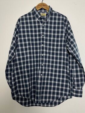 Vtg LL Bean Classic Coastal Preppy Blue White Plaid Button Down Shirt Mens Sz LT